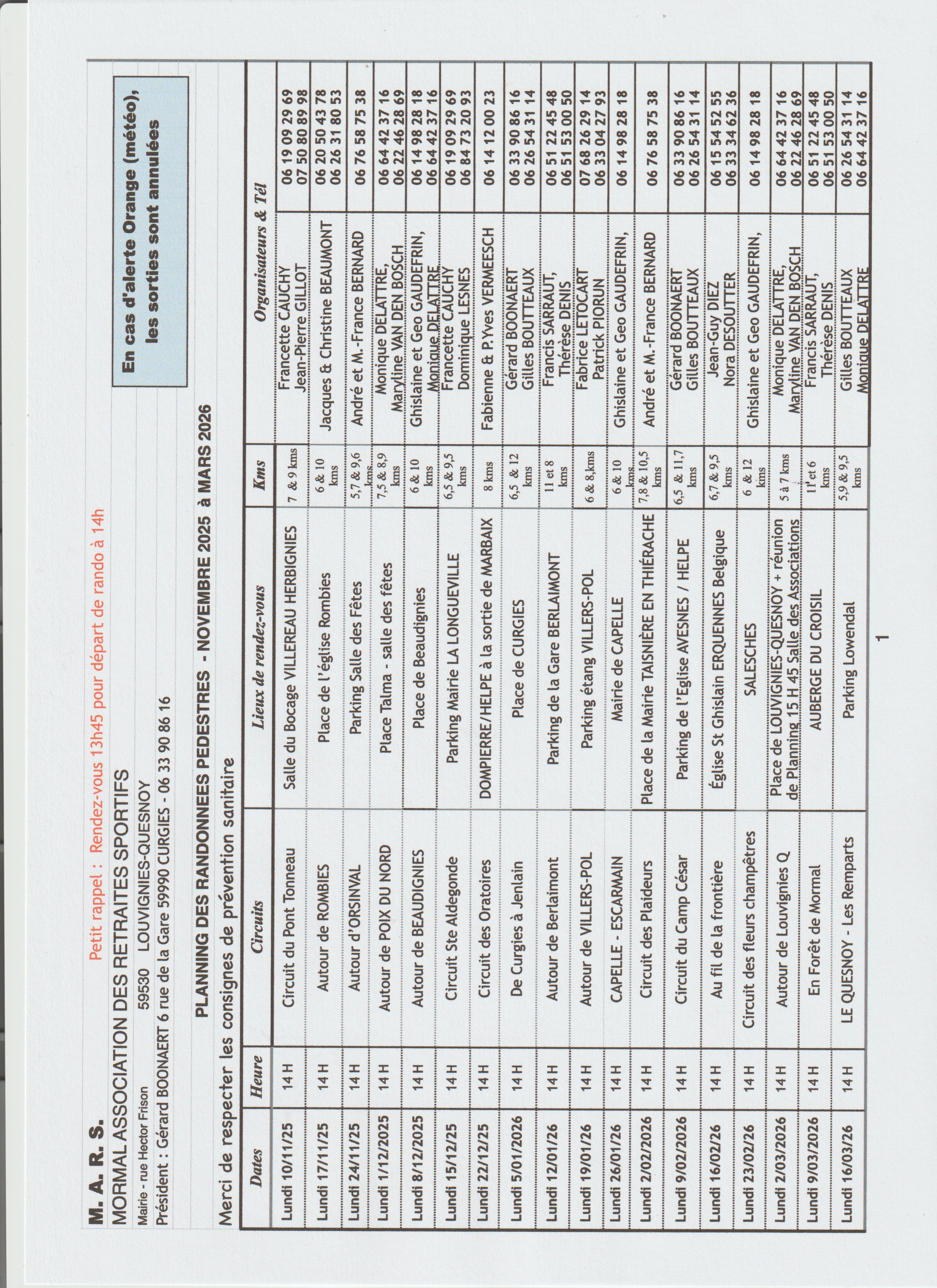 Planning randonn&eacute;es du MARS du mois de novembre 2025 &agrave; mars 2026 