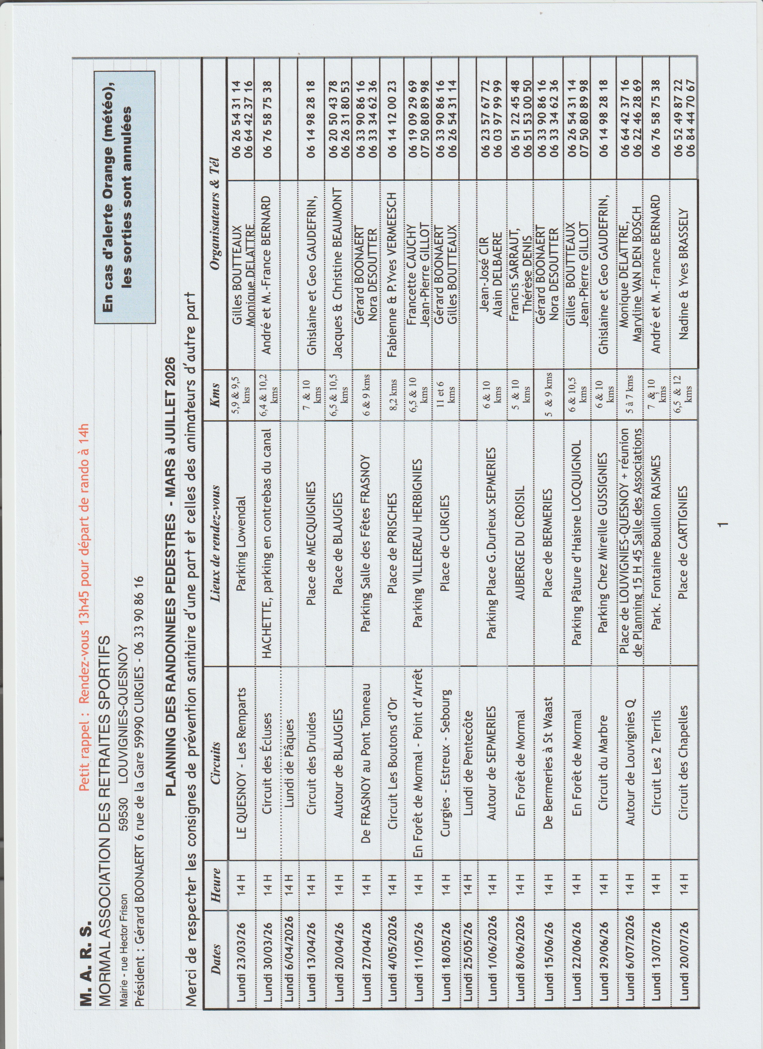 Planning randonn&eacute;es du MARS du mois de mars &agrave; juillet 2026